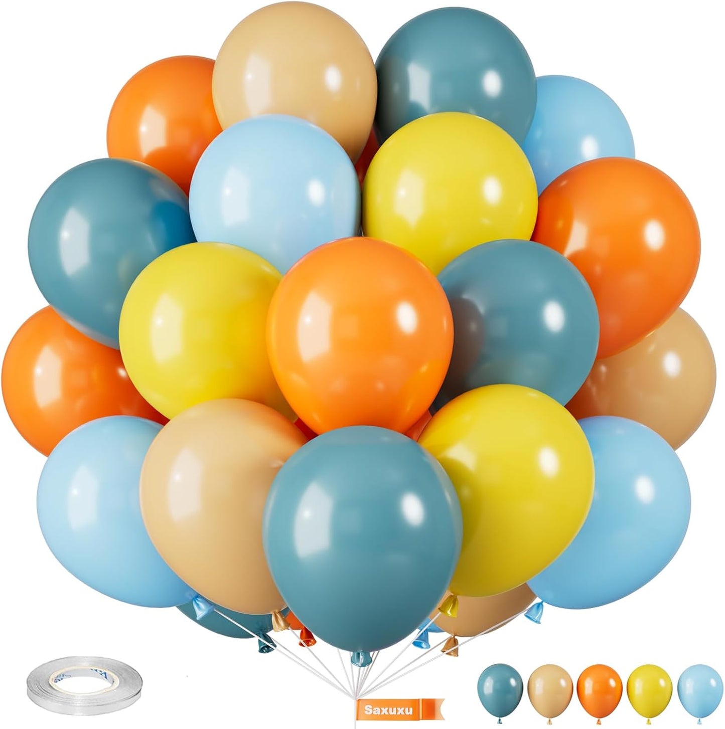 Blue Yellow and Orange Balloons, 12 Inch Retro Sea Blue Yellow Orange Balloons, Latex Helium Balloon for Boys Birthday Baby Shower Boho Son Theme Decorations