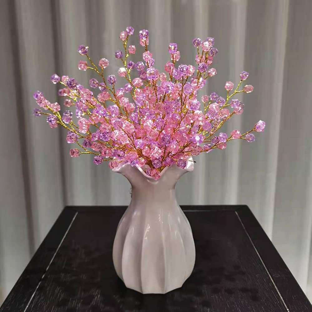 32PCS Crystal Artificial Flowers Bouquets Handmade Acrylic Flower Branches Fake Beaded Baby Breath Floral Crafts for Wedding Party Home Decor