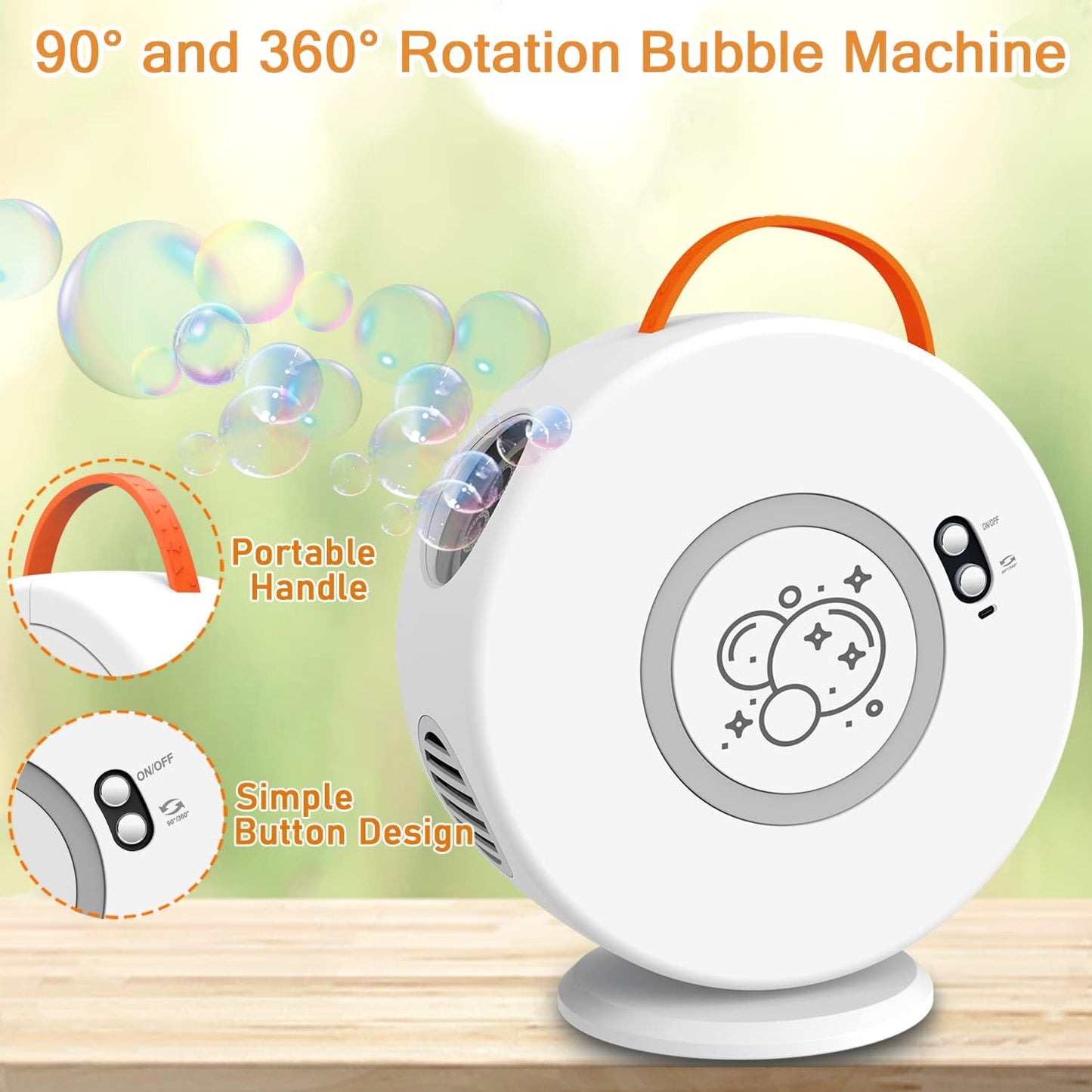 Bubble Machine Automatic Bubble Blower for Kids Toddlers Rechargeable Battery Portable Bubble Maker Electric Bubble Machine Auto Rotating 90°/360° Outdoor Toy for Birthday Party Wedding
