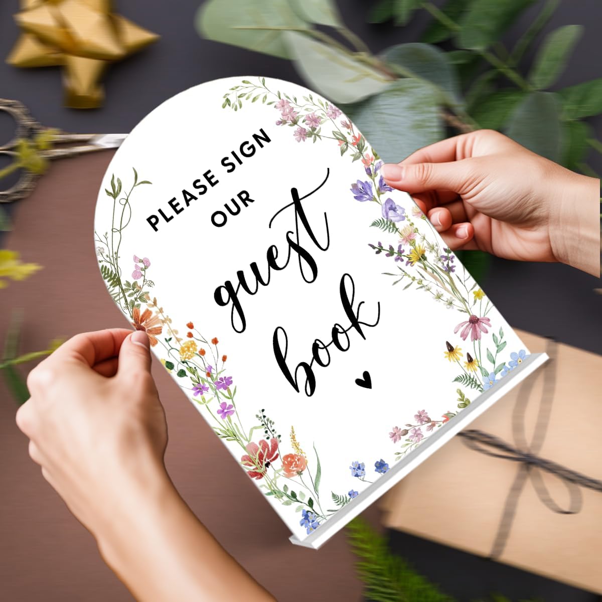 Acrylic Wedding Signs, Bridal Shower Decorations, Modern Arched Round Top Acrylic Table Top Sign with Holder for Wedding Reception Party Dinner - Please Sign Our Guestbook (White Wildflowers)