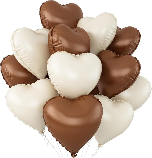 Sand White Brown Heart Balloons,12Pcs 18Inch Cream White Coffee Brown Heart Shaped Foil Helium Balloons for Baby Shower Birthday Anniversary Wedding Engagement Party Decorations