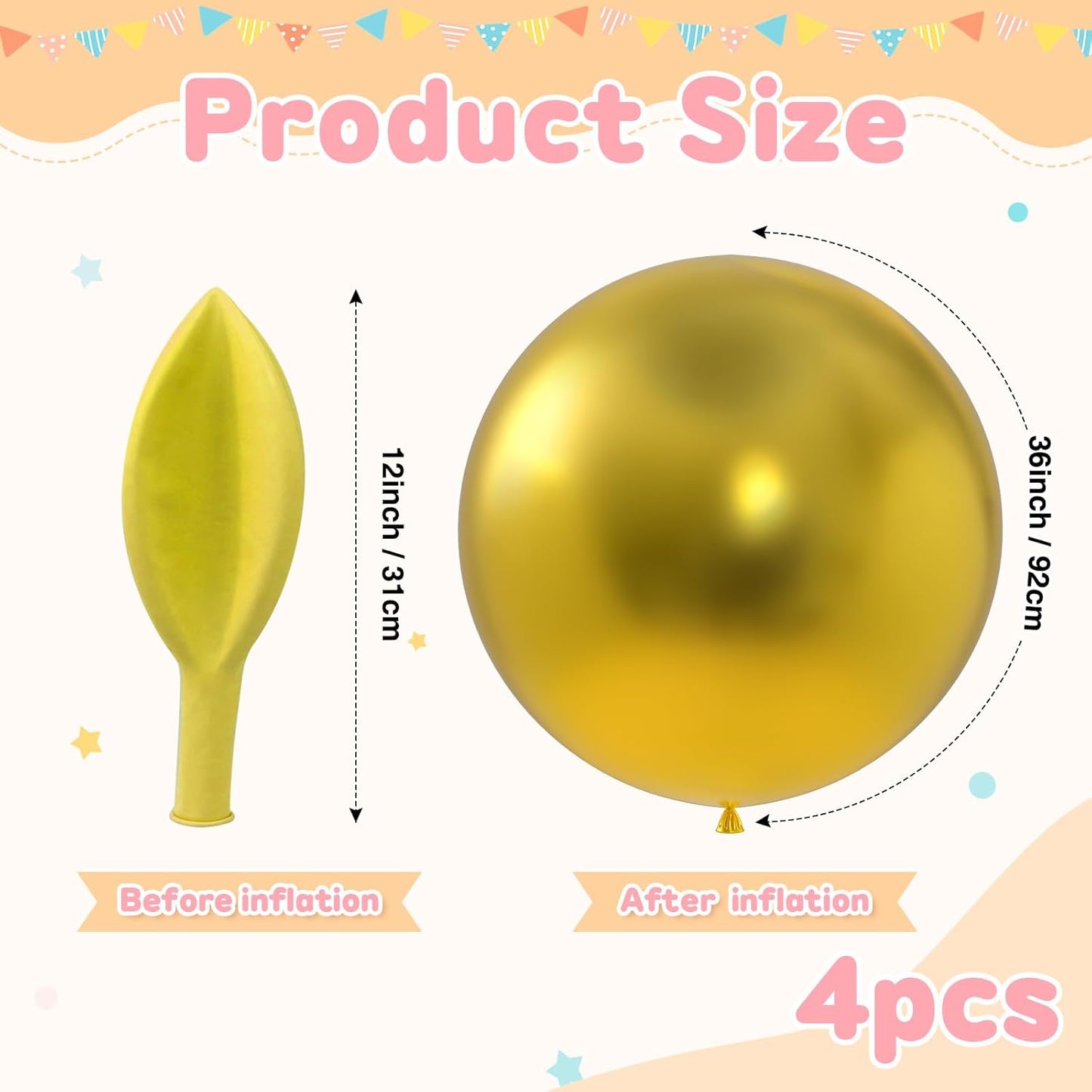 36 inch Metallic Gold Giant Balloons, 4pcs large latex round balloons for Photo Shoot, balloons garland or arch as wedding decorations, retirement party,baby shower party,birthday decorations