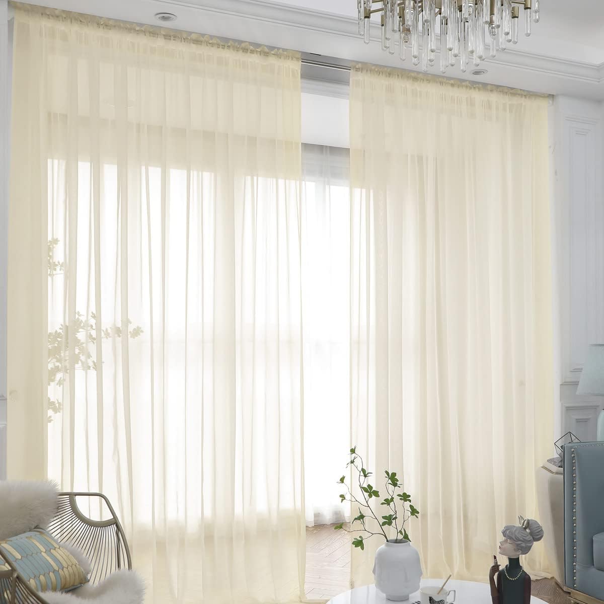Window Light Yellow Sheer Curtains 95 Inches Long 2 Panels Sheer Curtain Basic Rod Pocket Panel for Bedroom Children Living Room Yard Kitchen (Light Yellow, 52" W x 95" L | 2 pcs)