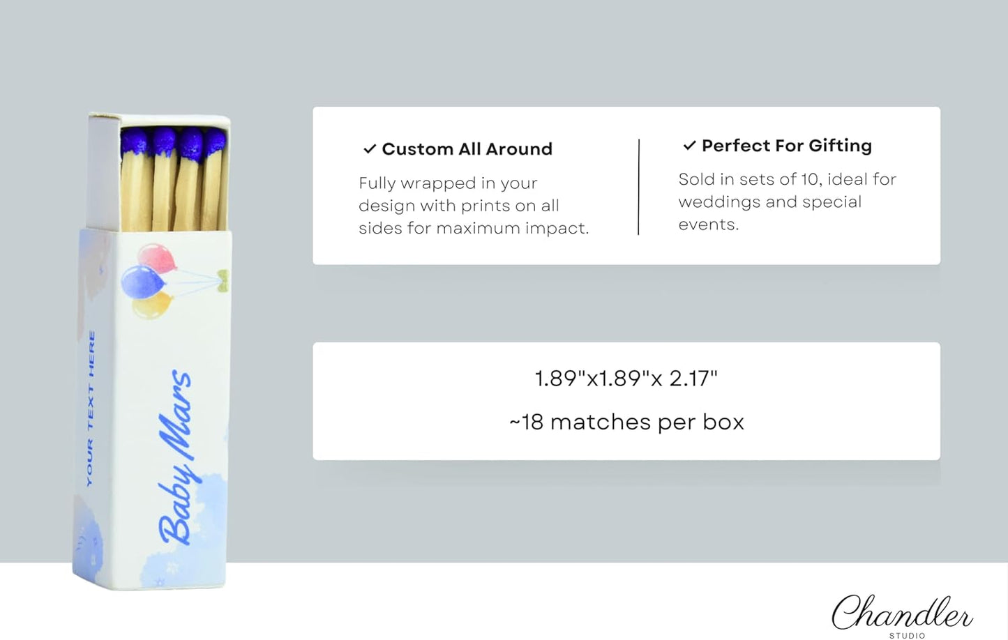 Customizable Baby Shower Matchboxes – Set of 10 – Cute Baby Design – Colorful Matchsticks – Perfect for Baby Shower Favors (2" Matchsticks, Baby #3)