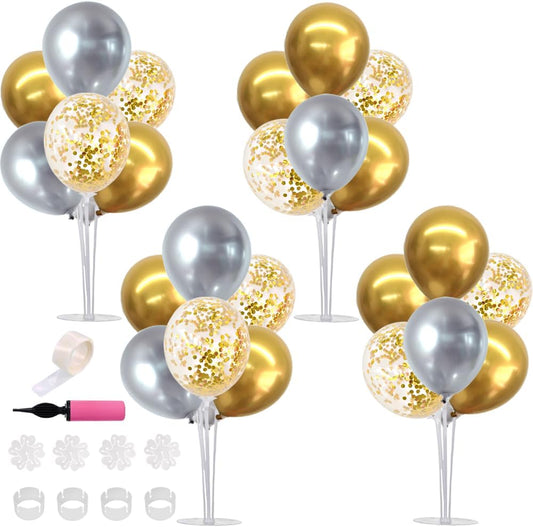 TONIFUL 4 Table Centerpiece Balloon Stand Kit Include Silver Gold Latex Confetti Balloons for 2025 Graduation,New Years 2025,Birthday,Retirement, Christmas, Anniversary Table Party Decoration