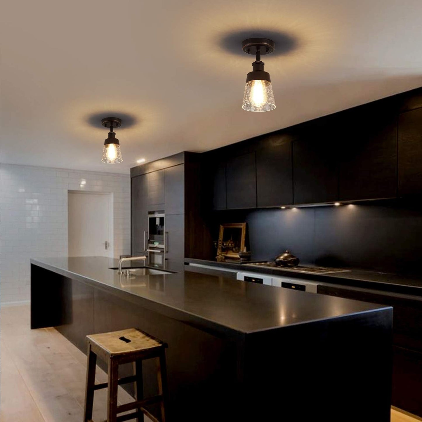 Rustic Glass Flush Mount Light Fixture Mini Clear Seeded Glass Shade Semi Flush Mount Ceiling Light for Hallway Farmhouse Kitchen Entryway, Oil Rubbed Bronze