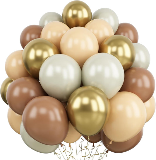 Balloons Brown and Gold, 60 Packs 12 Inch Retro Brown Cream Beige Balloon Sand White Neutral Balloons Metallic Gold Balloon for Bear Birthday Baby Shower Boho Wedding Decorations