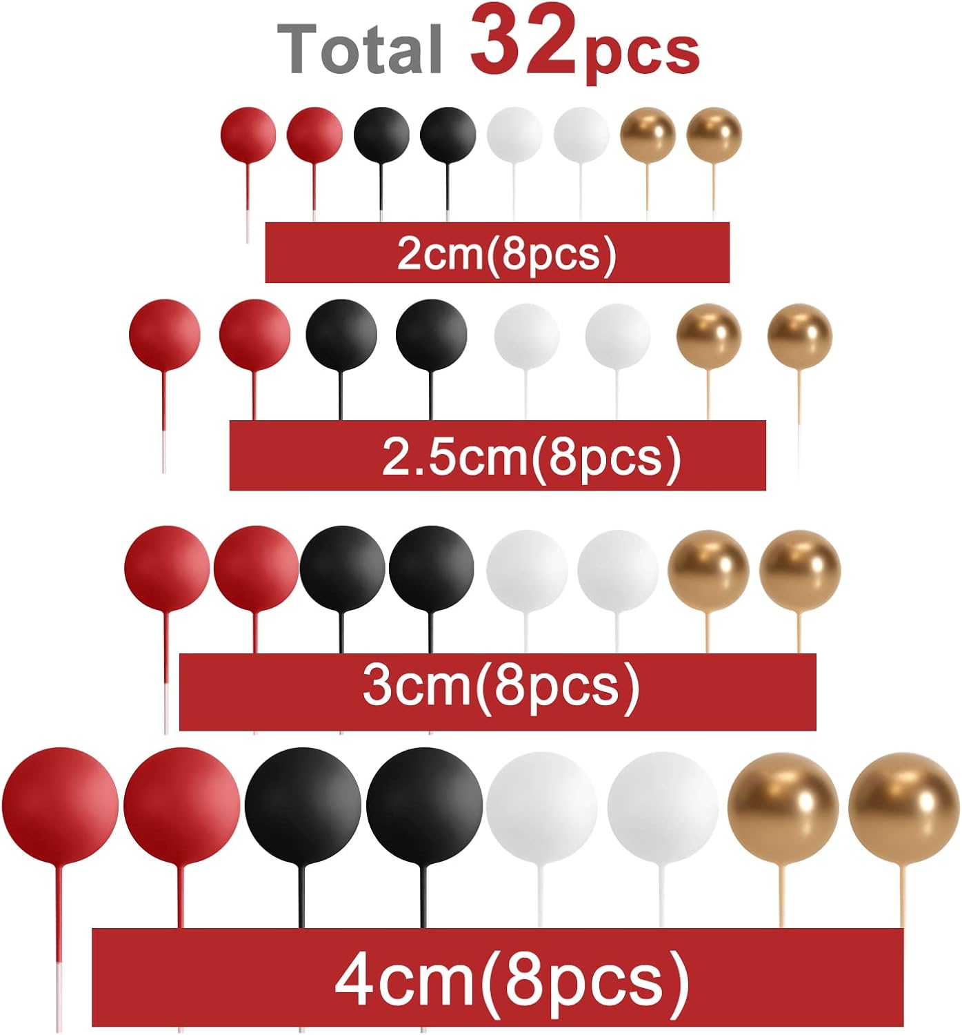 ASTARON 32 Pcs Ball Cake Topper Decorations Mini Balloons Cake Topper Sticks Foam Balls Cake Picks for Graduation Wedding Party Birthday Cake Decorating (Red Black)