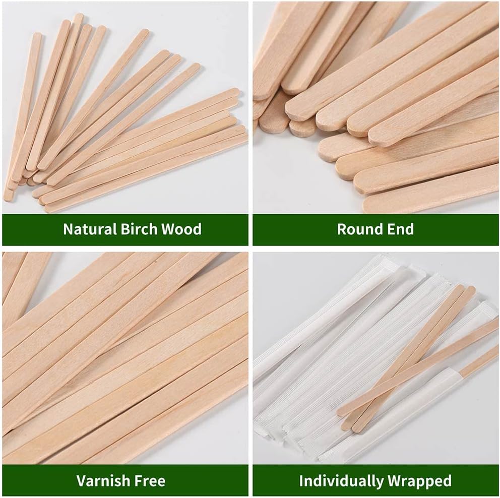 500pcs Individually Wrapped Coffee Stirrers Wood - 7" Coffee Stir Sticks, Round End Disposable coffee stirrer, For Coffee, Cocktail and Hot Drinks