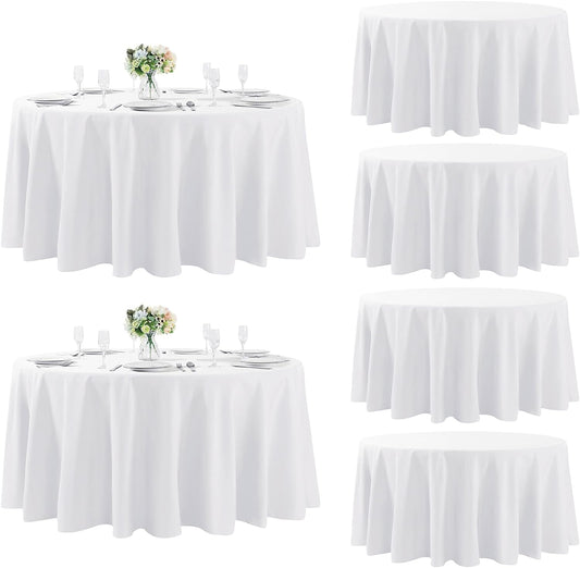 Fokitut 6 Pack Round Tablecloth, 108 Inch, Stain Resistant and Wrinkle Polyester Table Cloth, Fabric Table Cover for Kitchen Dining, Wedding, Party, Holiday Dinner-White