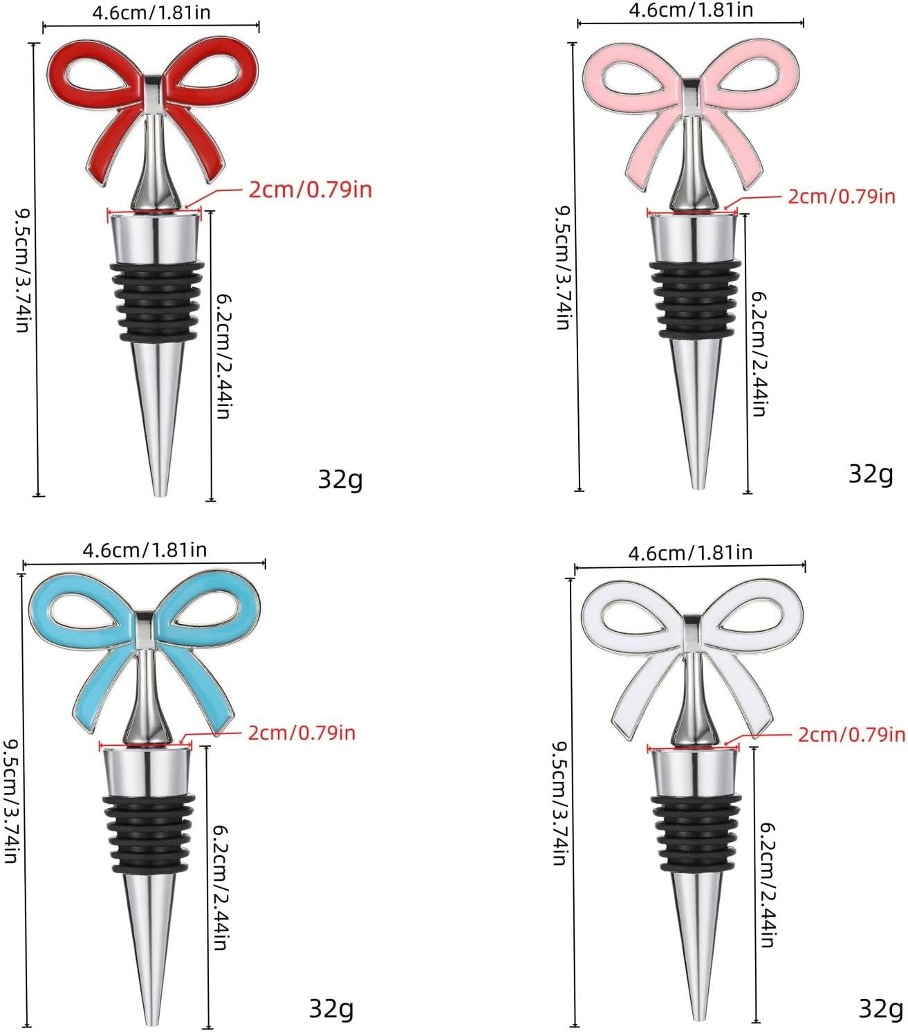 Cute Bow Wine Stopper Set of 4, Decorative Removable Metal Wine Bottle Stopper, Reusable Vacuum Bottle Corks with Silicone for Women, Gift, Christmas, Holiday Party - Silver