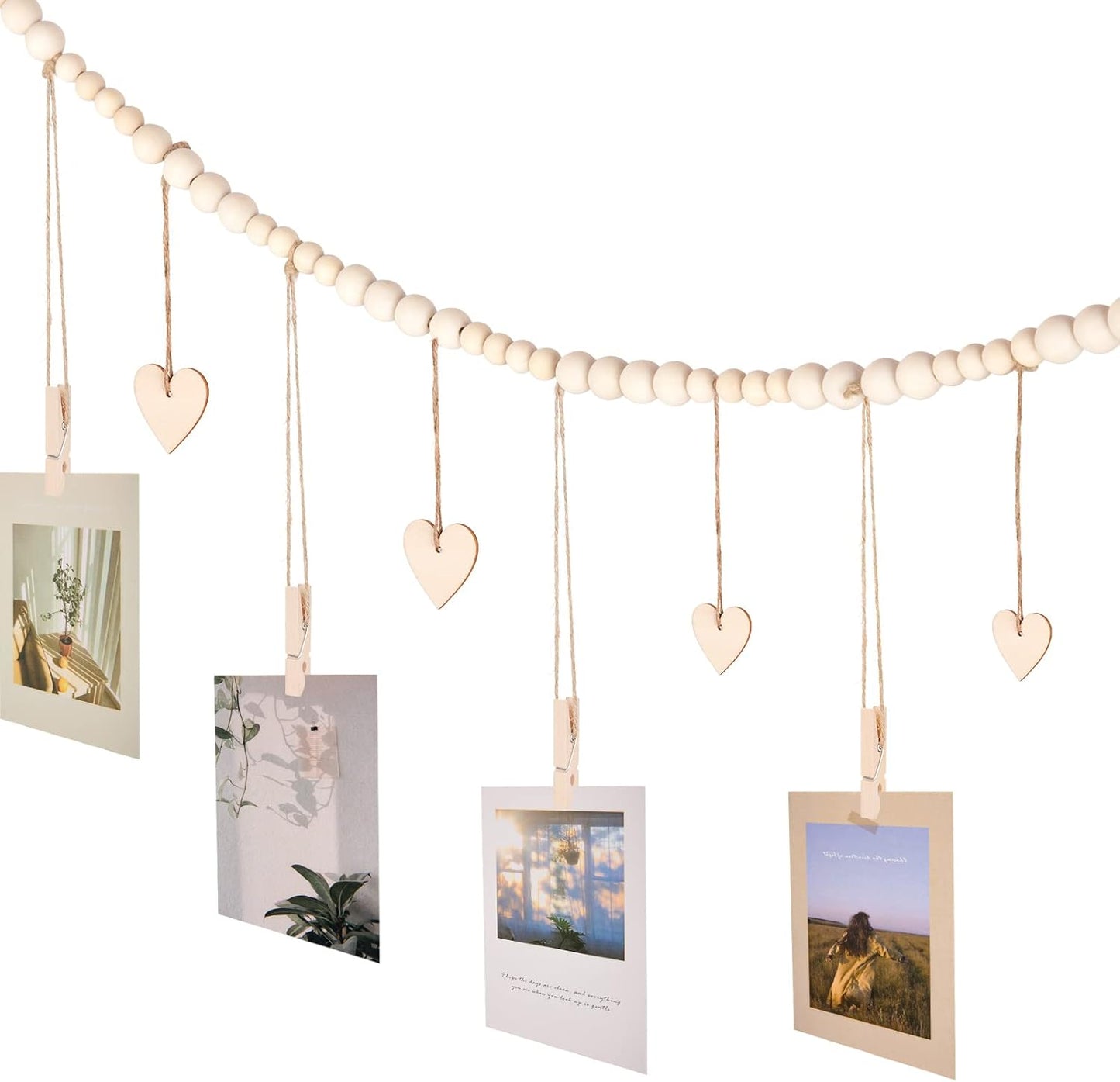 Hanging Photo Display with Clips, 9 Wood Clips, Boho Picture Frames Collage Wall Decor, Photo Hanger for Office Cubicle Decor, Kids Art Display (1)