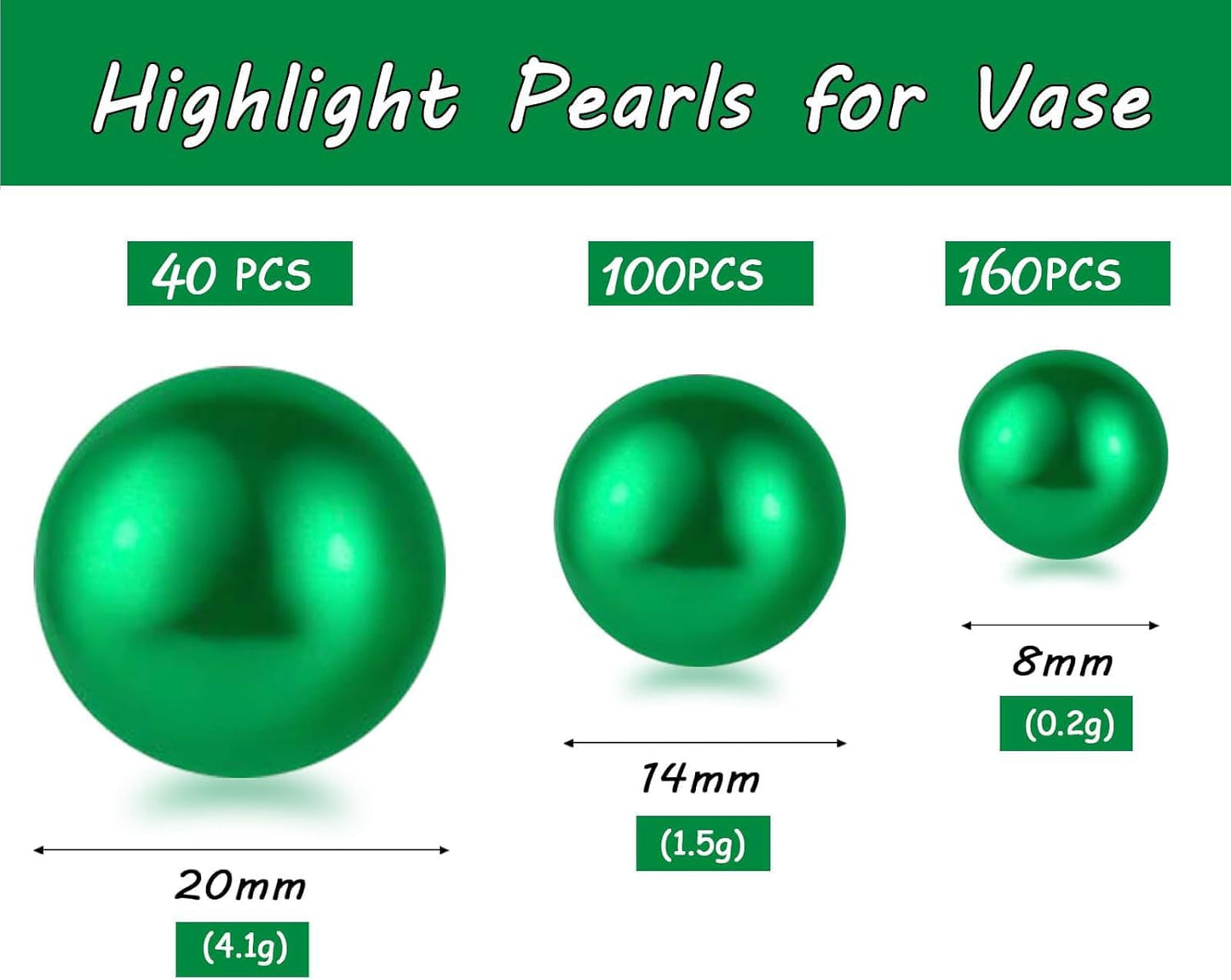 300Pcs Green Polished No Hole Faux Pearl Beads for Vase Filling Decorations, Plastic Pearls Vase Fillers, Table Scatters, Wedding Centerpiece, Home Decor, 8/14/20 mm