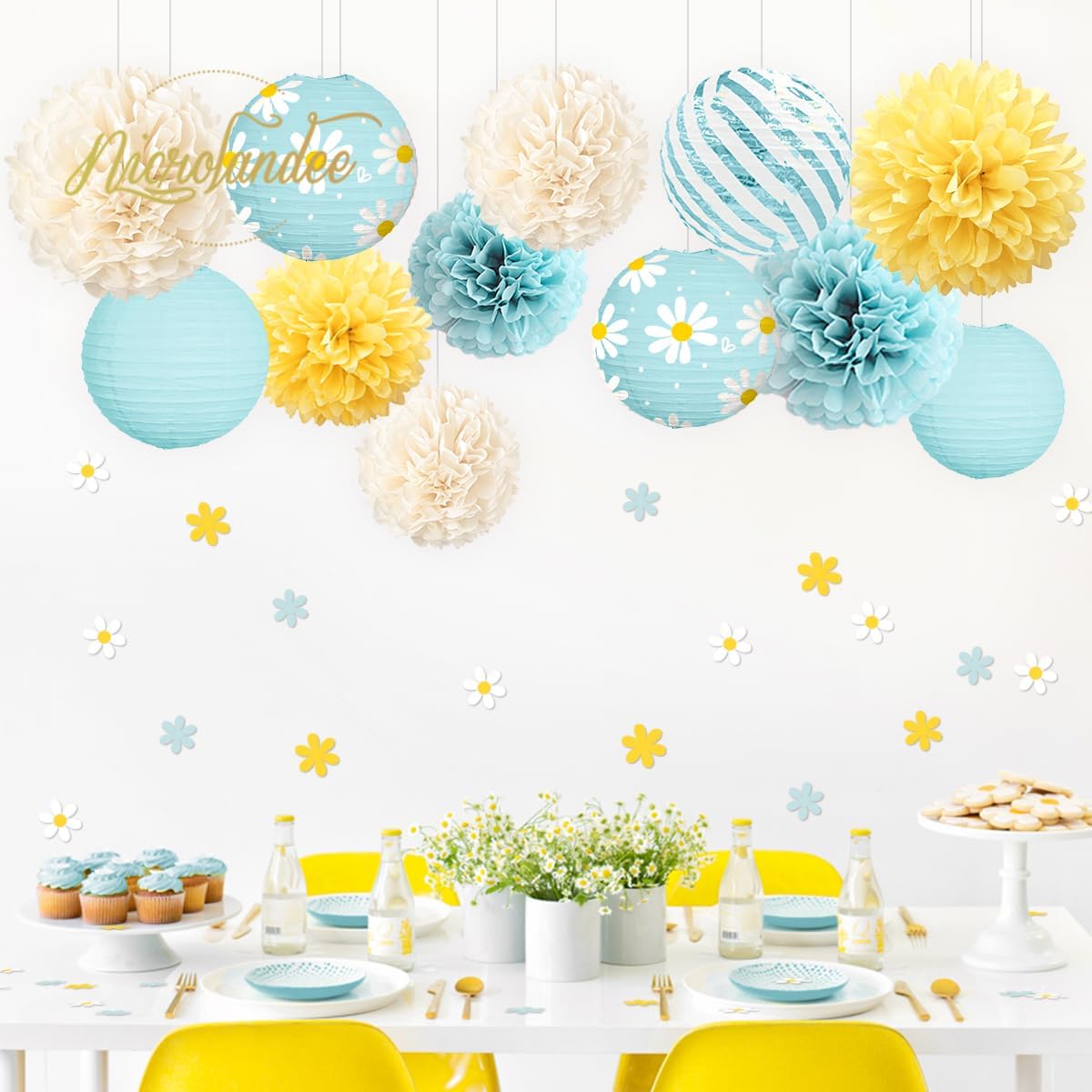 NICROLANDEE Daisy Birthday Party Decorations, 12 PCS Pastel Yellow Blue Paper Lanterns Tissue Pom Poms Decor for Mother's Day, Daisy Theme Party, Garden Wedding Decorations