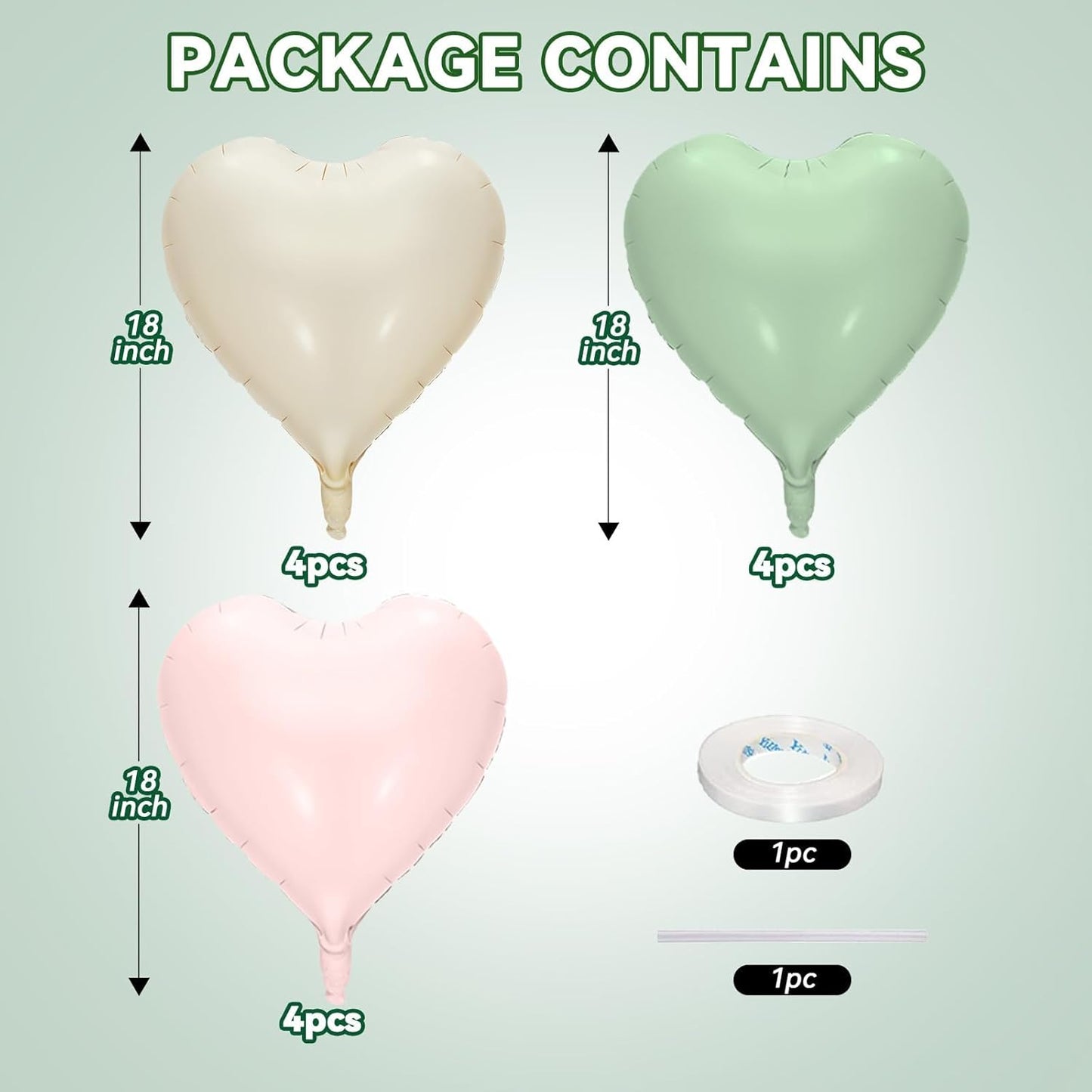 12 Pcs Heart Balloons - 18 inch Sage Green Heart Shaped Foil Helium Balloons for Wedding, Baby Shower, Valentine's Day Parties