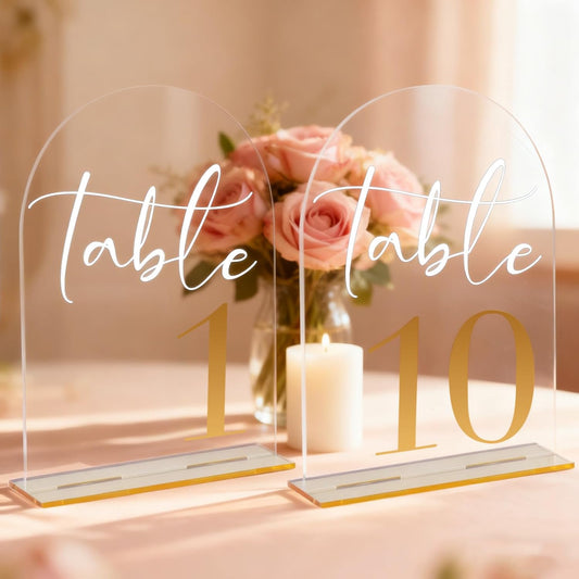 Arch Wedding Table Numbers 1-10 with Stands, 5” x 7” Elegant Acrylic Display Signs with Golden Text, Perfect Table Numbers for Wedding Reception, Centerpiece, Decoration, Party, Anniversary and Event