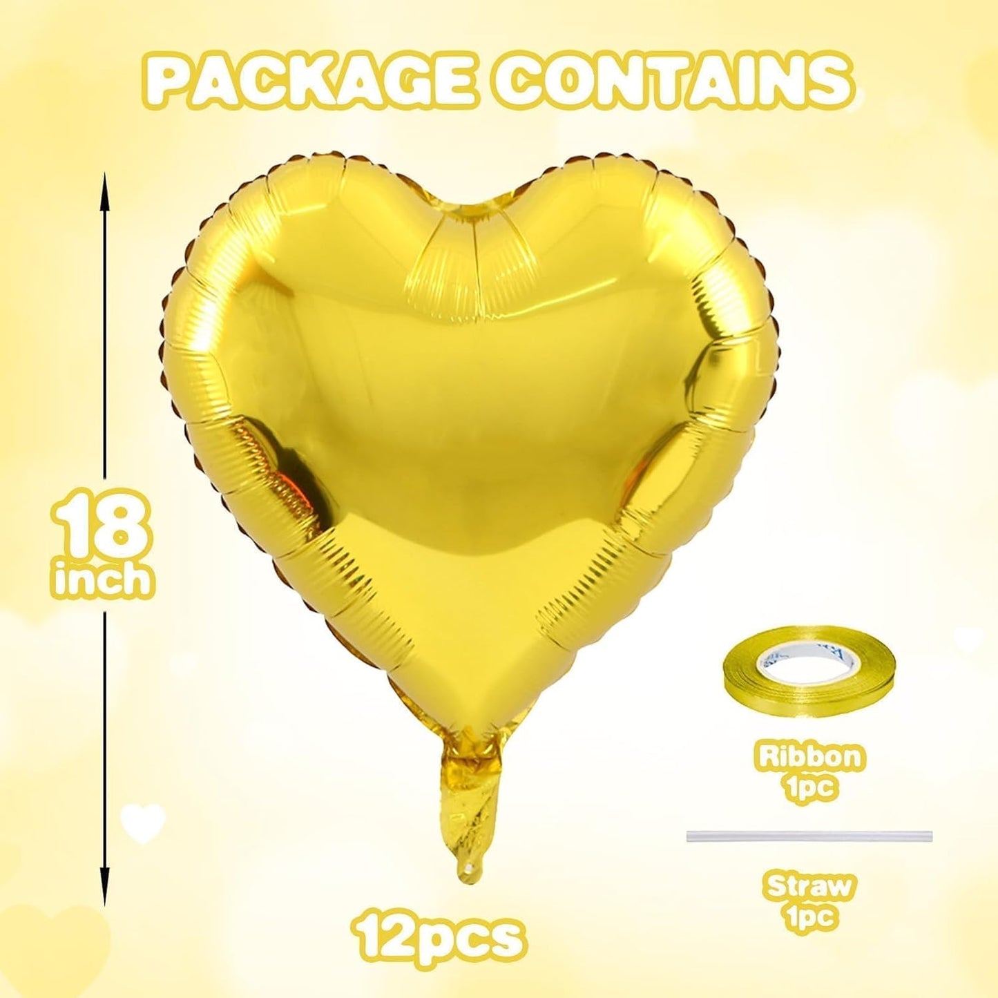 12 Pcs Heart Balloons, 18 inch Gold Heart Shaped Balloons, Big Helium Balloon, Love Foil Balloon for Wedding Baby Shower Anniversary Backdrop Valentine Party Decoration
