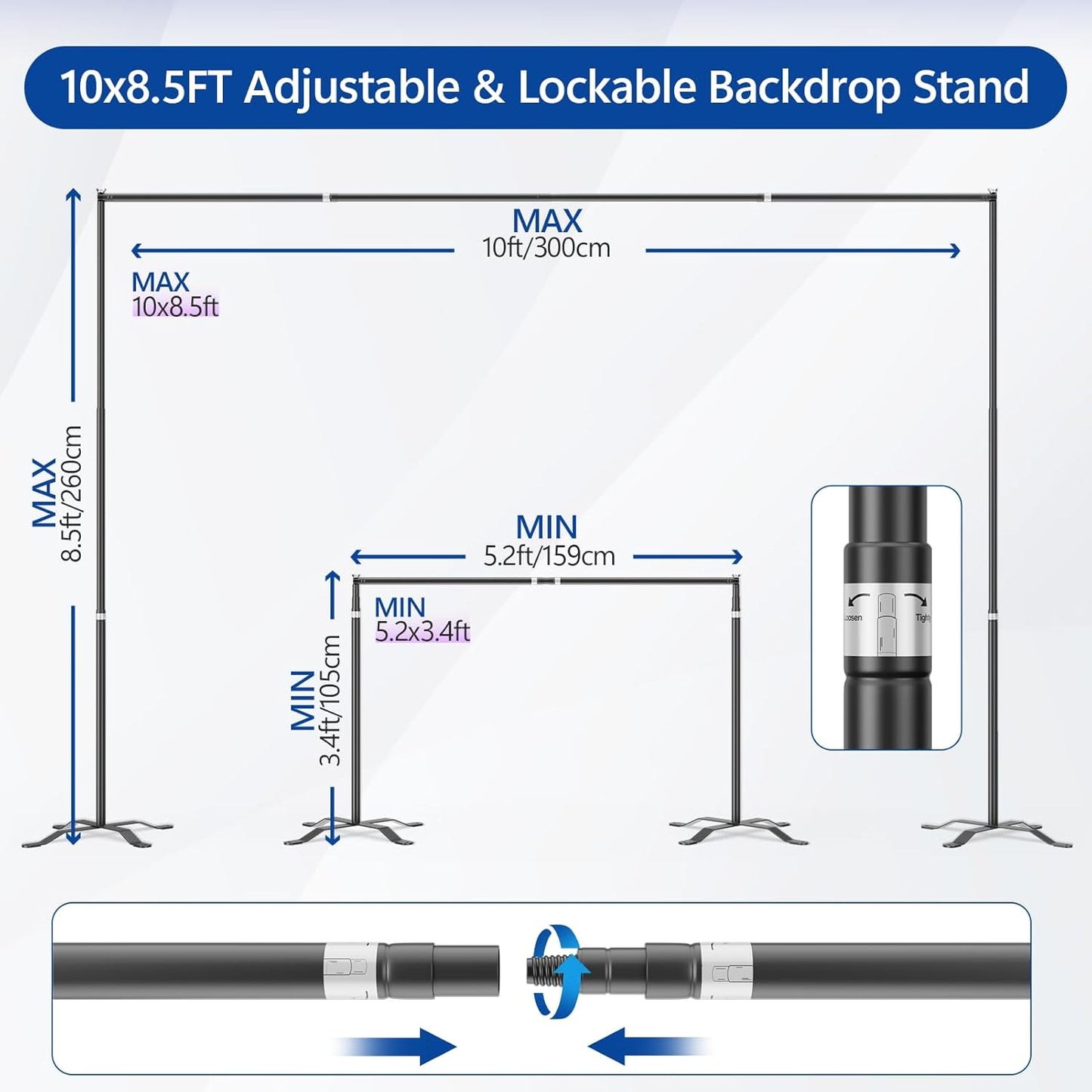 EMART Backdrop Stand 10x8.5FT Photo Studio Adjustable&Lockable Background Stand Support kit with Cross Base for Photography, Parties, Wedding, Outdoors (with 8 Tent Nails, 2 Water Bag, 4 Clamps)
