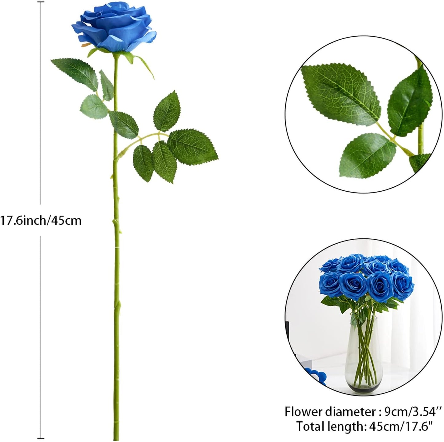 Artificial Rose 10pcs Open Flower Bouquet Faux Rose Stems for Wedding Arrangement, Bridal Bouquet, Centerpiece, Fake Faux Silk Flowers (Royal Blue)