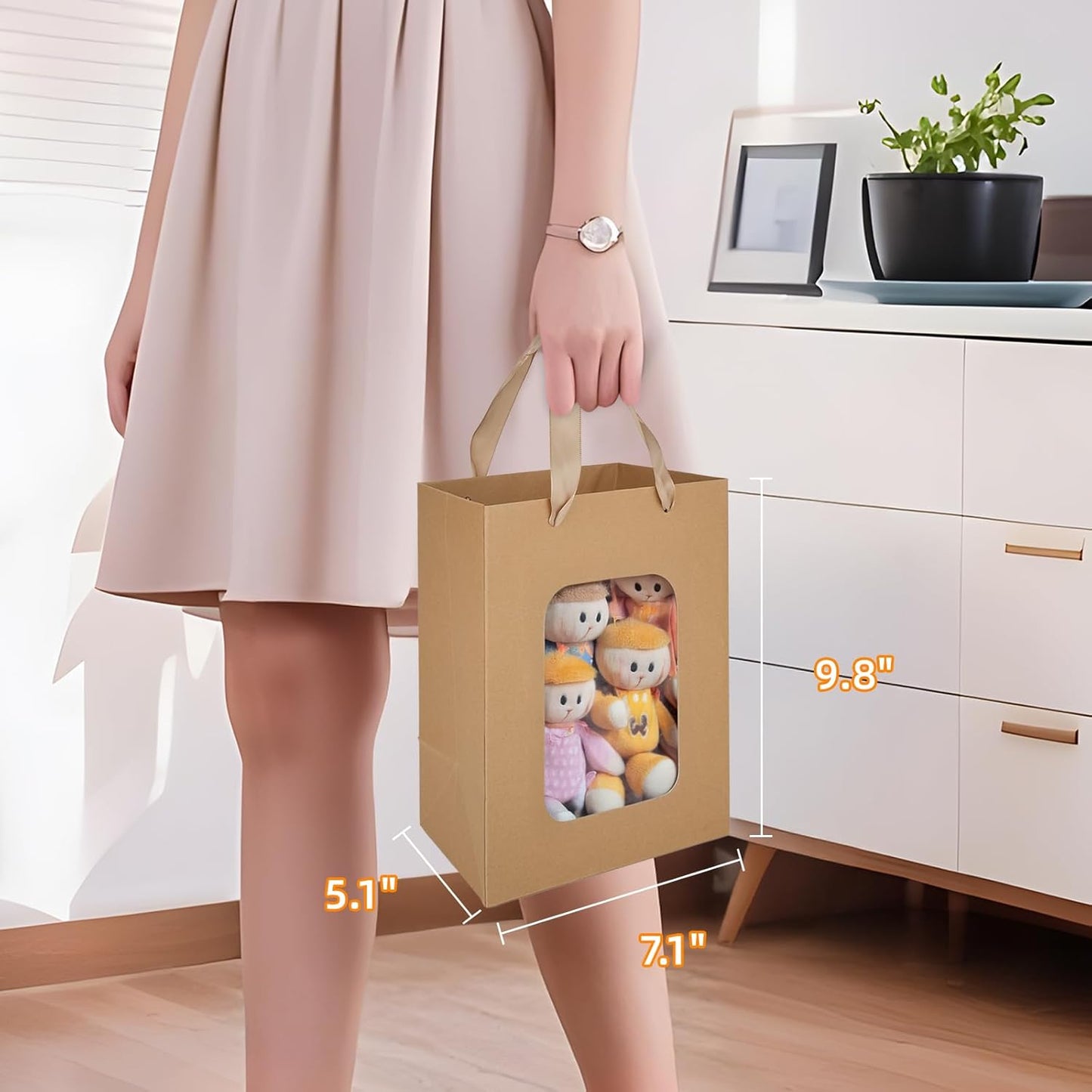 MOXARYSU 3 Pcs Brown Gift Bags with Clear Window: 9.8x5.1x7.1 Inch Medium Kraft Paper Bags with Handle For Party Business Birthday Wedding