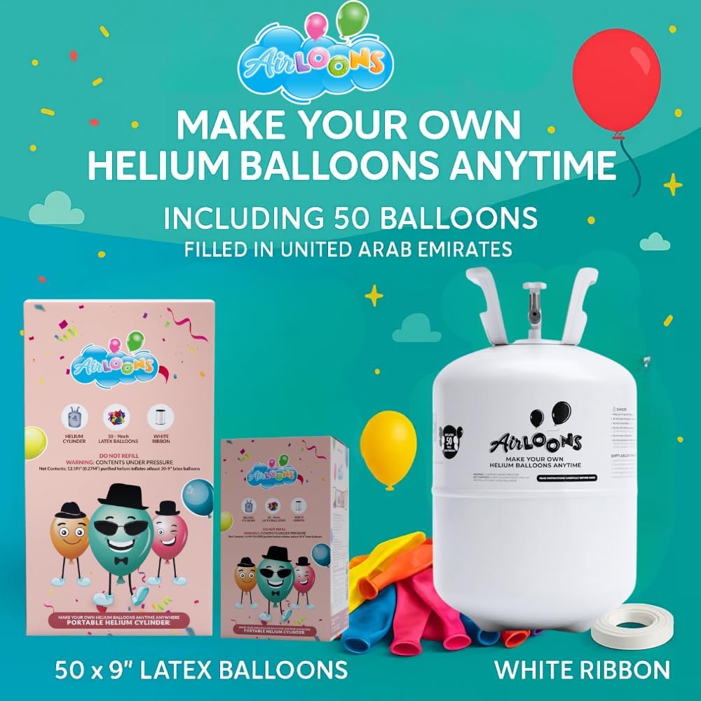 Airloons Helium Balloon Kit with 3 Pack 14.9 Cu Ft Tank - Includes 150 Multicolor 9 in Latex Balloons, Ribbon & Easy to Fill Nozzle - Easy Setup for Birthdays, Weddings, Baby Showers, DIY Party Décor