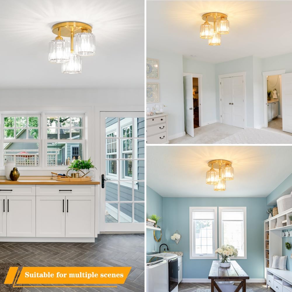 Modern Semi Flush Mount Ceiling Light, 3-Light Crystal Close to Ceiling Light Fixtures, Gold Kitchen Light Fixtures with Clear Crystal Shade, Hallway Light Fixtures for Hallway Bedroom Bathroom