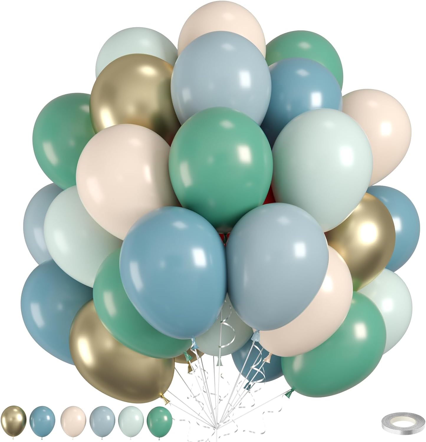 Sage Green Blue Balloons, 50pcs Dusty Green Blue Balloons, Double Stuffed Cream Balloon Champagne Gold Balloon For Birthday Baby Shower Party Wedding Bridal Shower Bachelorette Engagement Decorations