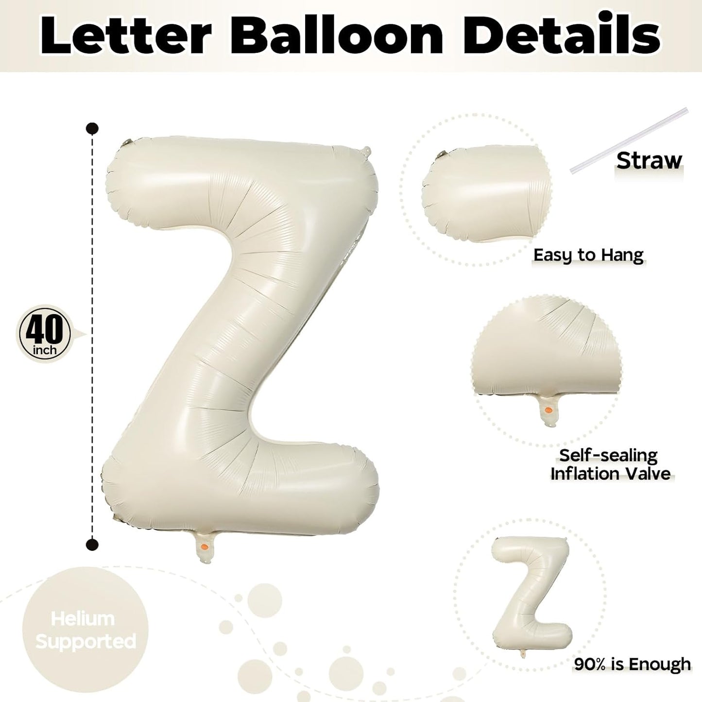 40 Inch Cream Letter Balloon 'Z' - 2 Pack, Self Inflating, Perfect for Birthday Parties, Unisex Adults