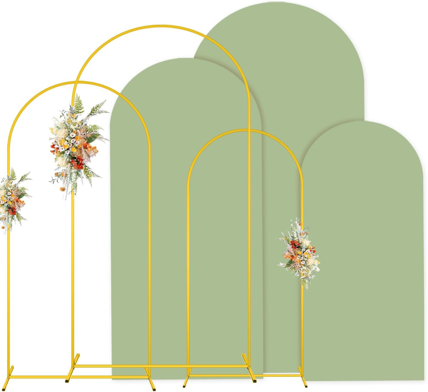 MODFUNS Arch Backdrop Stand and Cover Set Gold Wedding Arch Frame 4&5&6ft Sage Green Arches Backdrop Cover Set of 3 Metal Arched Stand with Covers for Party Baquet Reception Backdrop Decor