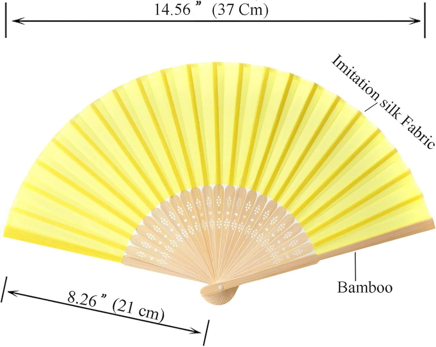 24pcs Imitated Silk Hand Fan Imitated Silk Fabric Bamboo Handheld Folded Fan Bridal Dancing Props Church Wedding Party Favors with Organza Bags (Yellow)