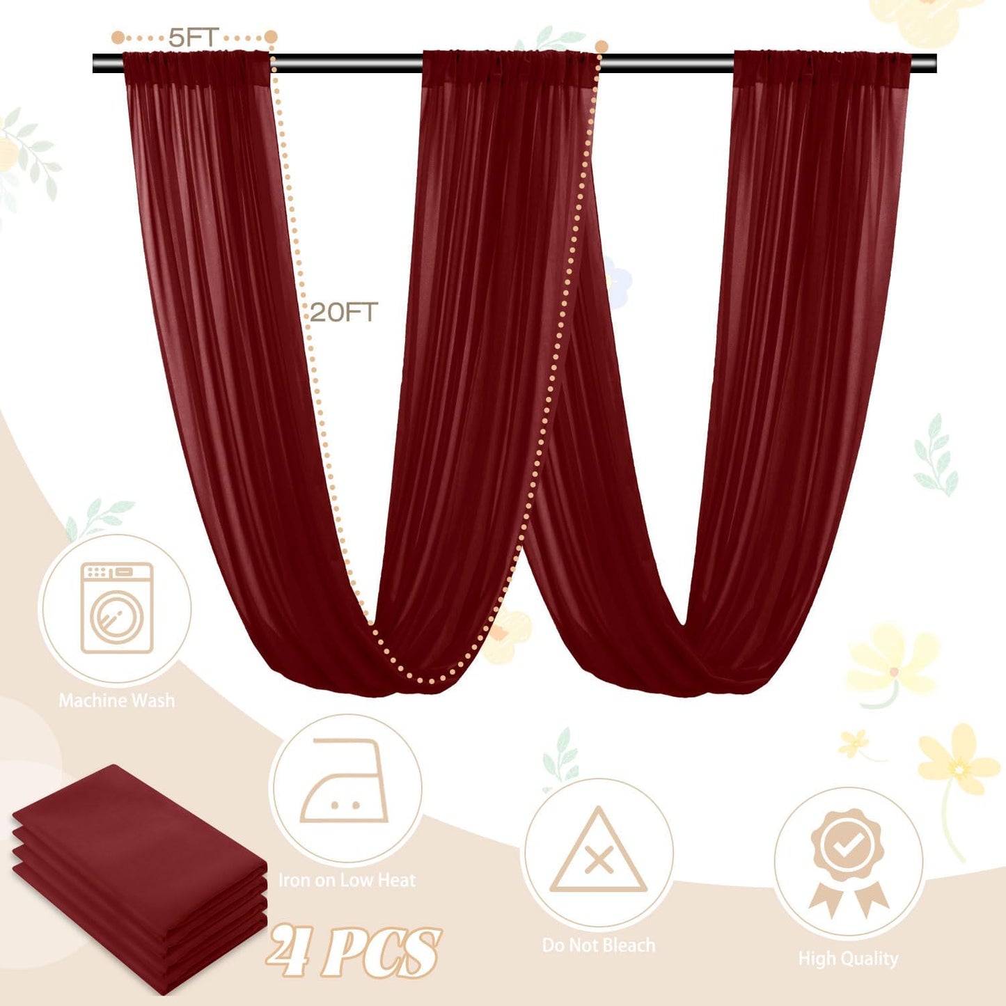 FUHSY Wedding Ceiling Drapes Burgundy Draping Fabric for Wedding Arch 4 Panels 5x20Ft Chiffon Maroon Curtains Drapes Sheer Backdrop Curtains Arch Drapery for Wedding Ceremony Stage Ceiling Decorations