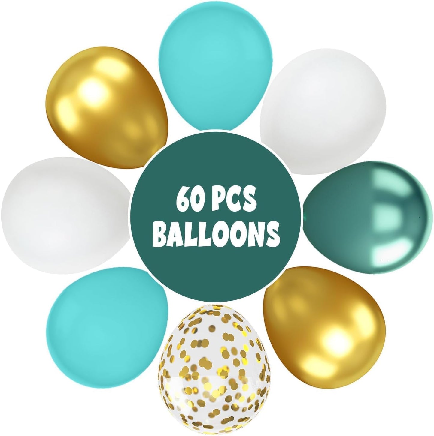 FunHot Teal Balloons, 60 Pcs Gold Turquoise Balloons, 12 Inch Metallic Gold Dark Green Gold Confetti Balloon Teal Blue White Latex Balloon for Wedding Birthday Baby Shower Party Decorations