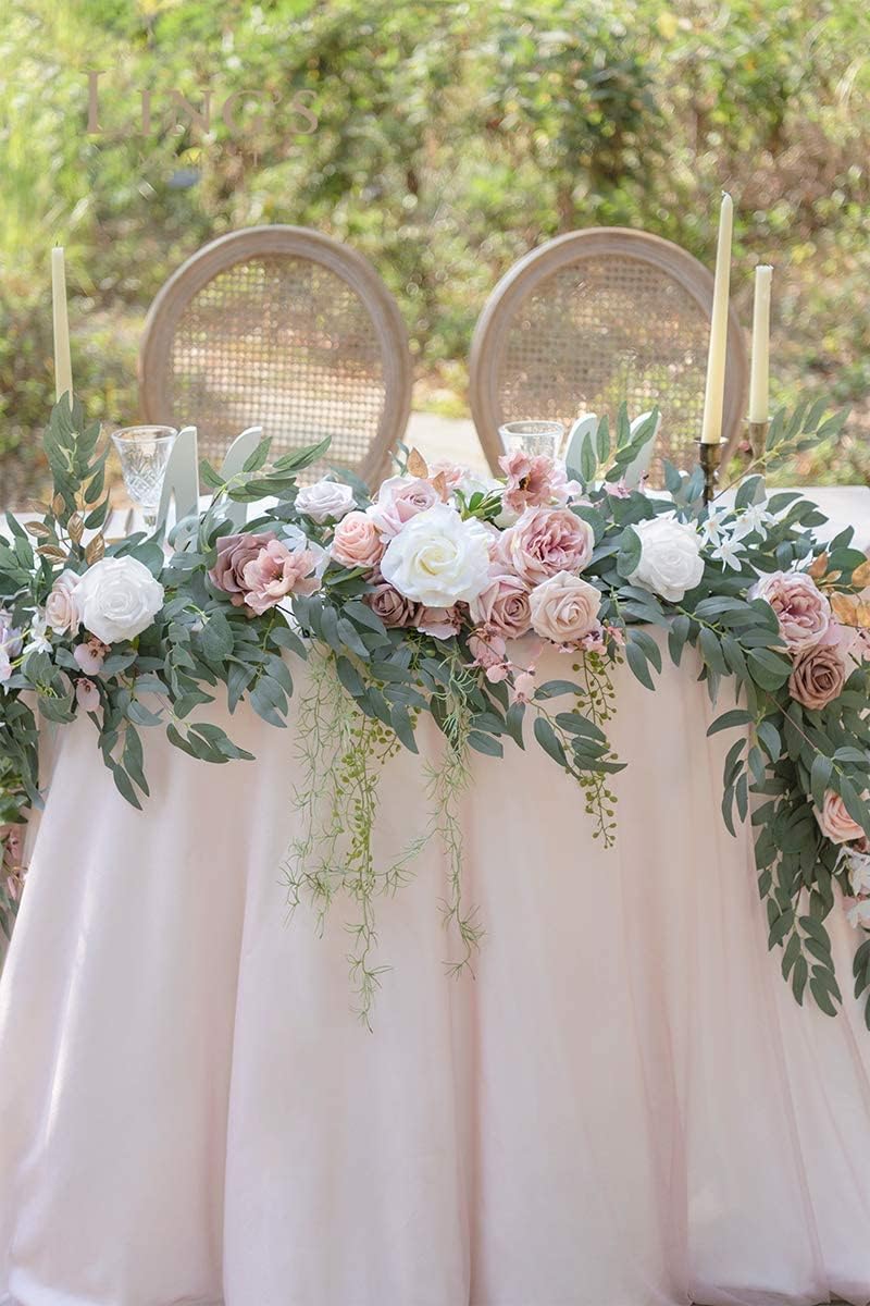 Ling's Moment 9FT Spring Flower Garland for Backdrop Decorations - Wedding Arch Flowers, Eucalyptus & Rose, Artificial Floral Garland for Mantle - Sweetheart Table Decor for Reception, Dusty Rose