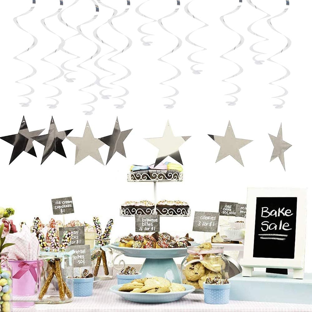 BEISHIDA Silver Star Hanging Swirl Decorations,Hanging Silver Party Supplies for Graduation Wedding Baby Shower Decorations, Pack of 15