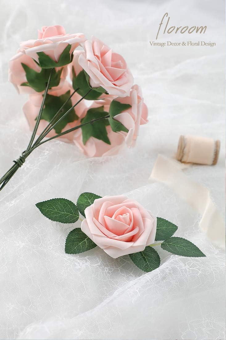 Floroom Artificial Flowers 25pcs Real Looking Blush Heirloom Foam Fake Roses with Stems for DIY Wedding Bouquets Pink Bridal Shower Centerpieces Floral Arrangements Party Tables Home Decorations