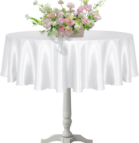 KKJIAF 1 Pack 60 Inch / 5ft Round Table Cloth, White Overlay Round Satin Table Cover, Silky Satin Dining Tablecloths for Wedding Buffet Parties Banquet Decoration