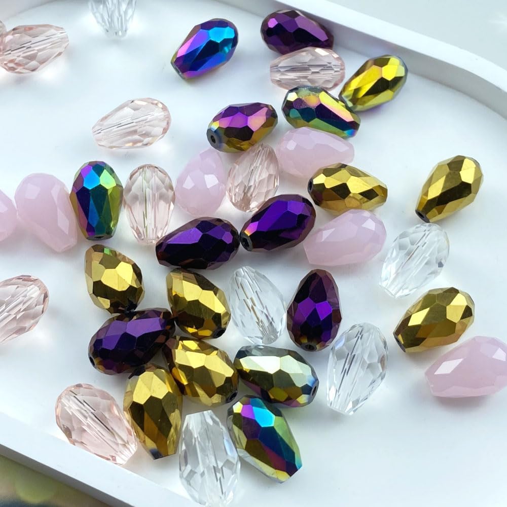 200pcs 3x5mm Teardrop Crystal Glass Beads Vertical Hole Faceted Loose Spacer Beads for DIY Craft Jewelry Making Necklace Bracelet Earring Wind Chimes(Pink Series)