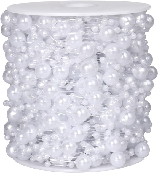 98FT Pearl Beads String Garland, 8mm 3mm White Faux Pearl Beads Roll Strand Bulk for Wedding Party Flower Christmas Decoration DIY Craft