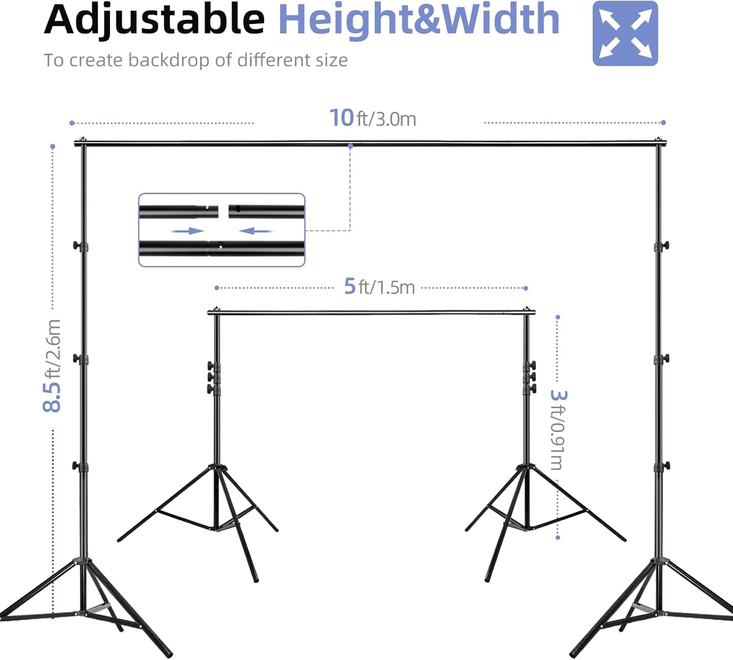 EMART Photo Video Studio Backdrop Stand Kit, 8.5x10ft Adjustable Photography Greenscreen Support System with 3 Polyester Backgrounds for Photoshoot (Black White Green)