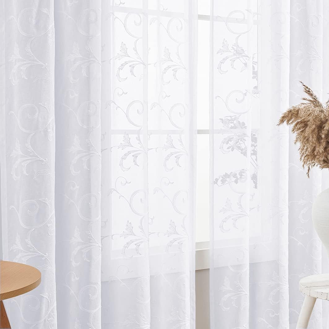 Sheer Curtains White 95 Inches Vintage Embroidered Floral, Window Treatments Rod Pocket Drapes for Living room, Bedroom, Semi Crinkle Voile Curtain Panels for Yard, Villa, Parlor, Set of 2, 52"x95".