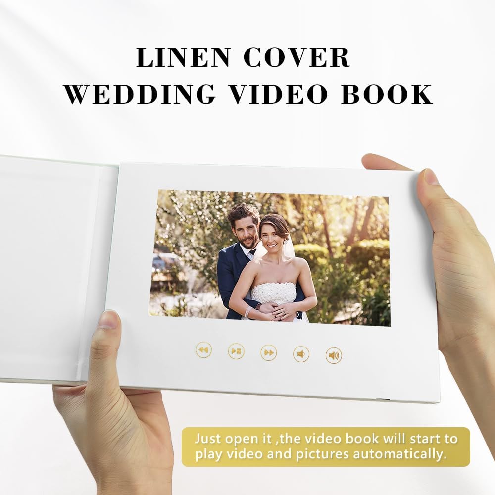 ALWAYS & FOREVER - GOLD FOIL Luxury Linen Bound wedding Video Book wedding Video Album Up to 3 hours of video, 7” IPS Display, 4GB of memory & Rechargeable Battery (ALWAYS & FOREVER)