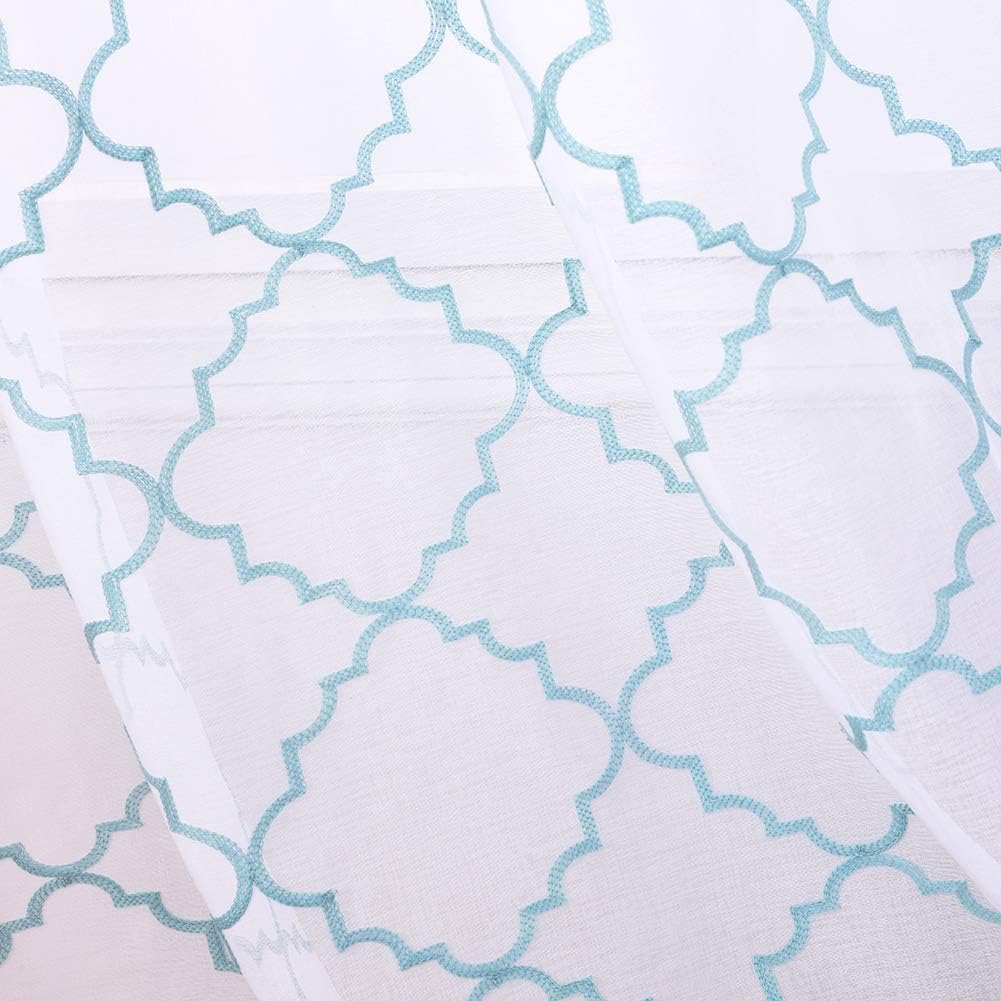 Embroidery Sheer Curtains Blue 63 Inch, Rod Pocket Voile Drapes for Living room, Bedroom, Window Treatments Moroccan Embroidery Semi Crinkle Curtain Panels for Yard, Patio, Villa, Set of 2, 52"x 63".