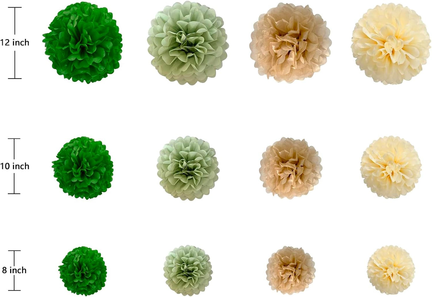 ZOOYOO Green Cream Paper Pom, White Green Party Decoration, Sage White Tissue Paper Pom Decorations for Engagement, Bachelorette, Bridal Shower, Birthday, Anniversary - 12PCS