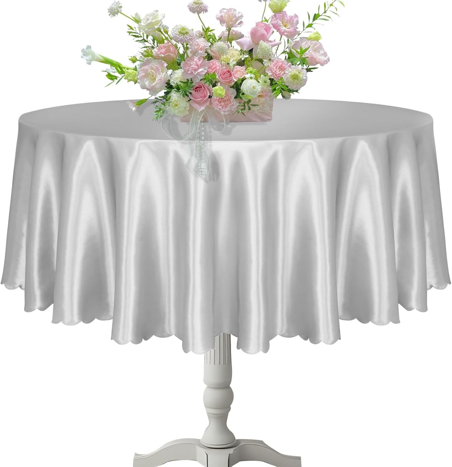 KKJIAF 1 Pack Round Table Cloths 90 Inch, Silver Overlay Round Satin Table Cover, Silky Satin Dining Tablecloths for Wedding Buffet Parties Banquet Decoration