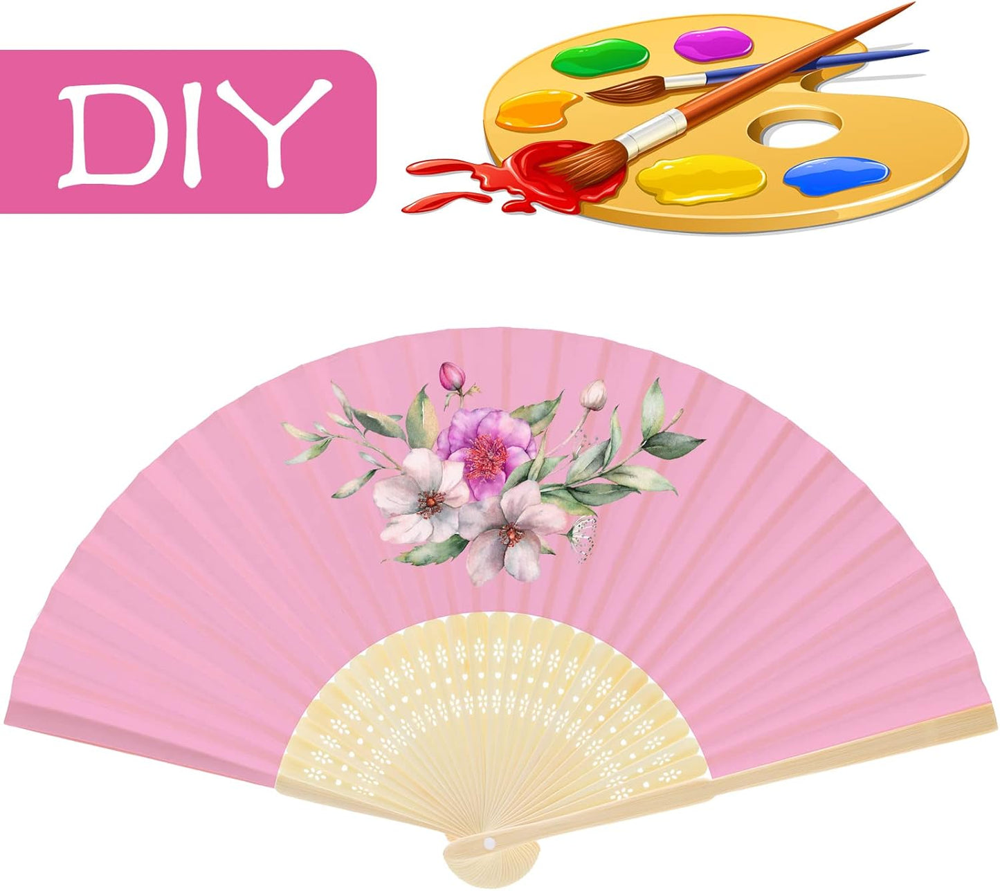 FEPITO 20 Pieces Handheld Pink Paper Fan Paper Folding Fans with Bamboos for Wedding Gift, Party, Home