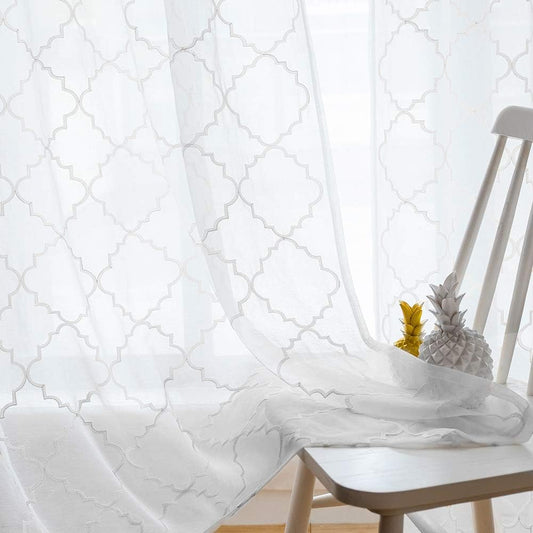 White Sheer Curtains 84 Inches Long, Rod Pocket Sheer Drapes for Living room, Bedroom, 2 Panels, 52"x84", Embroidered Moroccan Tile Lattice Design Semi Voile Window Treatments for Yard, Patio, Villa.