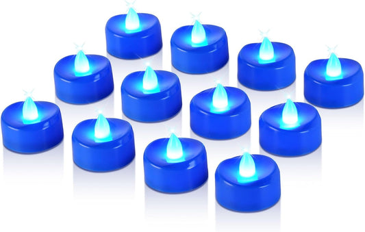 Raycare Blue LED Tea Lights Battery Operated, 200+Hour Flickering Votive Candles,Realistic Fake Flameless Tea Lights for Wedding Party Halloween Thanksgiving Christmas Decorations, 24 Pack