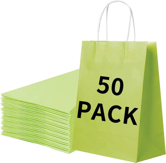 BAG BOX 50 Pack Small 5.9x3.1x8.25 Inch Green Kraft Paper Gift Bags with Handles for Bulk Shopping, Retail, Craft, Party Favors, Wedding, Grocery & Sacks