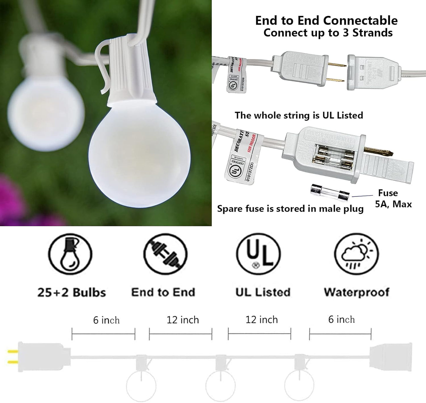 SUNSGNE 25Ft Outdoor Patio Lights G40 Globe String Lights with 27 Frosted White Bulbs, Waterproof Connectable Hanging String Lights for Christmas Patio House Backyard Balcony Party, White Wire