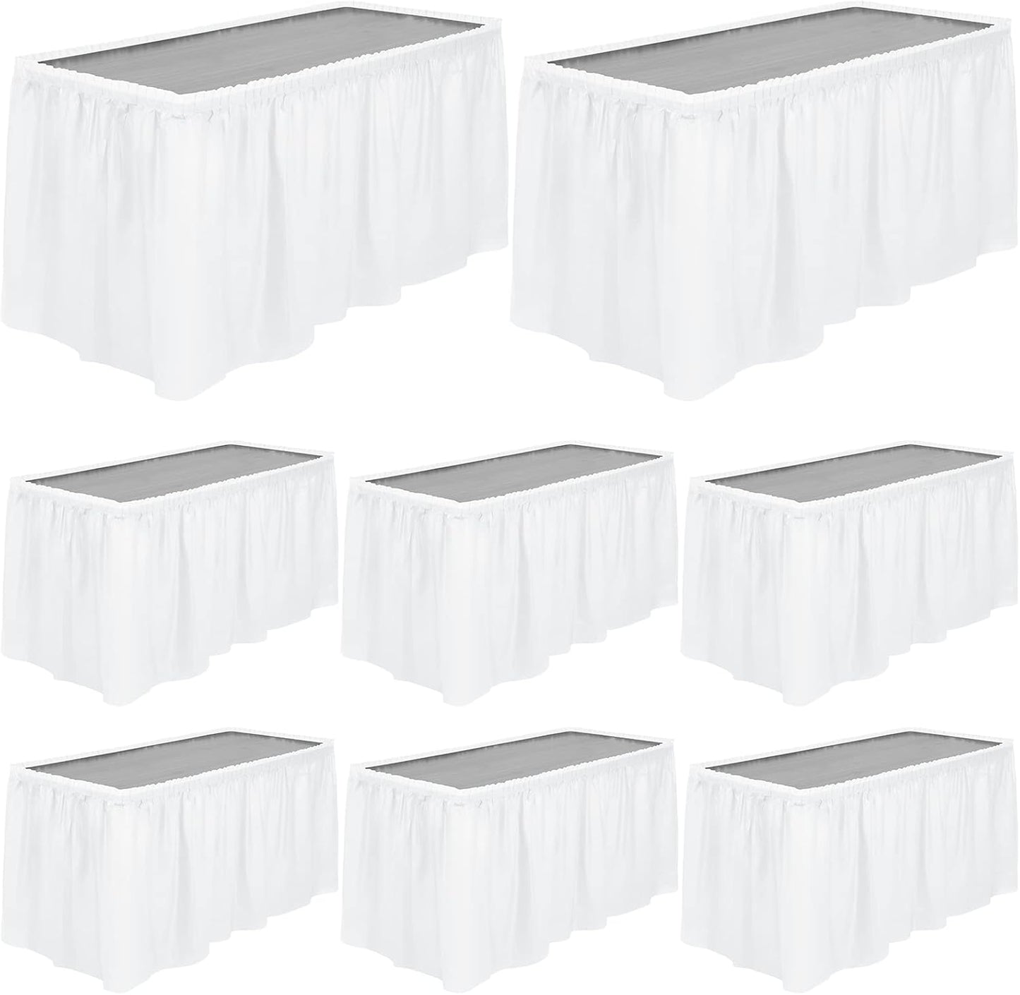 TURSTIN 8 Pieces White Plastic Table Skirts 14 Feet x 29 Inch for Rectangle Tables Fitted Tablecloth Disposable Table Cover for Birthday Party, Events, Banquette Baby Shower